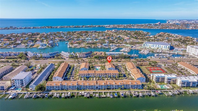 birds eye view of property featuring a water view