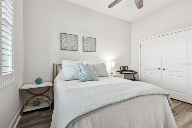 bedroom with ceiling fan, a closet, and hardwood / wood-style flooring