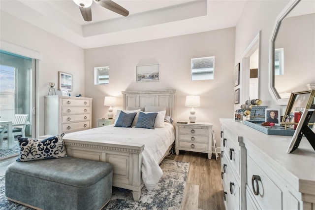 bedroom with a raised ceiling, multiple windows, ceiling fan, and light wood-type flooring