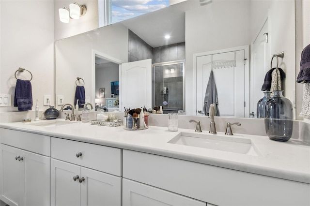 bathroom featuring vanity and walk in shower