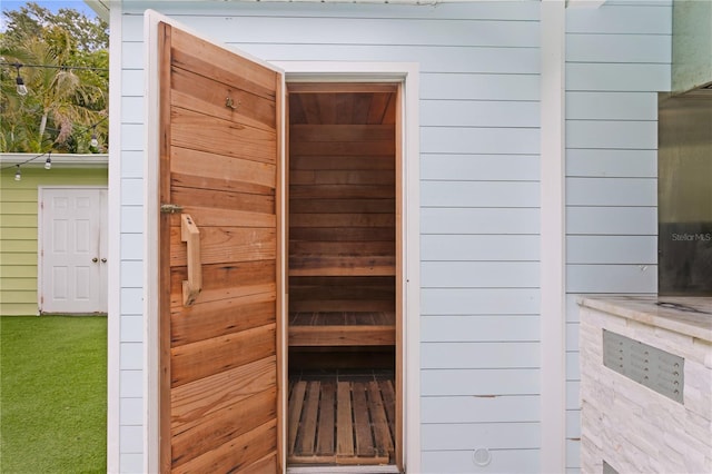 view of sauna with carpet