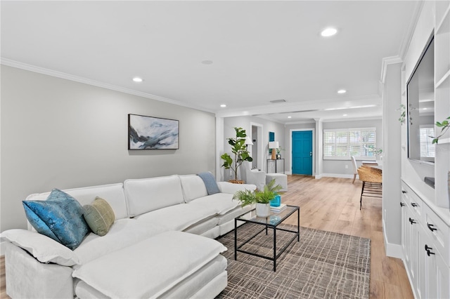 living room featuring light hardwood / wood-style floors and crown molding