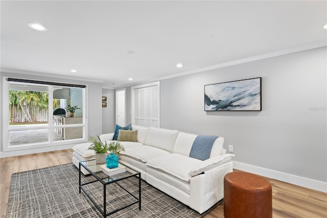 living room with ornamental molding and hardwood / wood-style floors