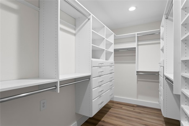 walk in closet with dark hardwood / wood-style flooring