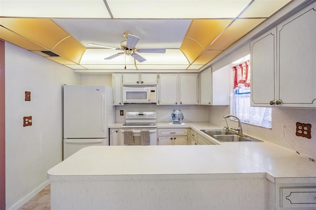 kitchen featuring kitchen peninsula, ceiling fan, sink, and white appliances