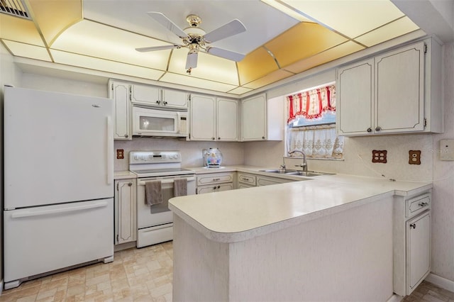 kitchen with white appliances, sink, ceiling fan, tasteful backsplash, and kitchen peninsula