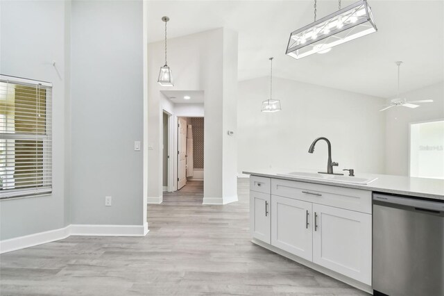 kitchen featuring sink, hanging light fixtures, stainless steel dishwasher, ceiling fan, and white cabinetry