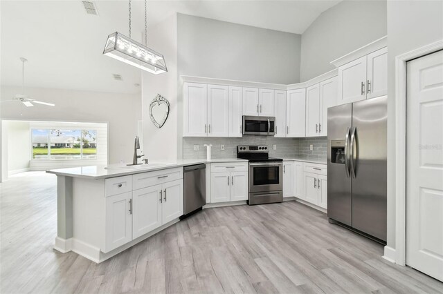 kitchen featuring ceiling fan, white cabinetry, kitchen peninsula, and appliances with stainless steel finishes