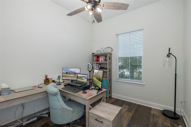 home office featuring ceiling fan and dark wood-type flooring