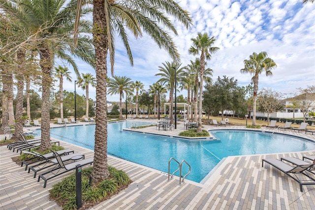 view of swimming pool featuring a patio