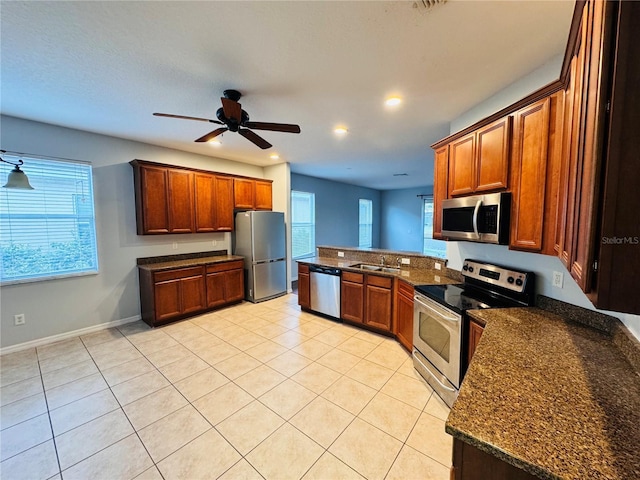 kitchen with a healthy amount of sunlight, sink, ceiling fan, and stainless steel appliances