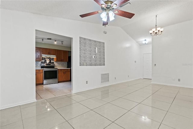 unfurnished living room featuring light tile patterned floors, a textured ceiling, lofted ceiling, and visible vents