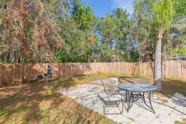 view of yard with a fenced backyard and a patio