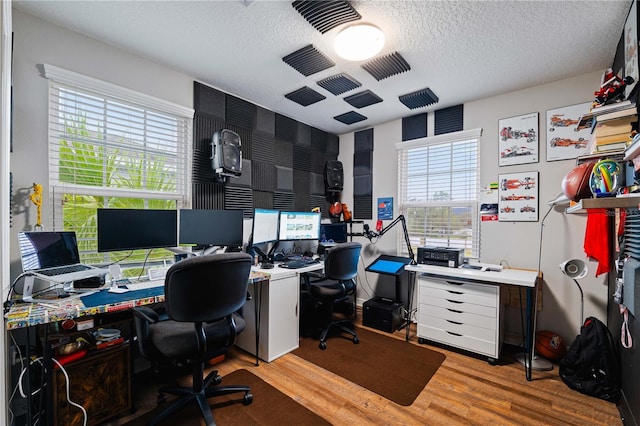 office featuring a wealth of natural light, a textured ceiling, and light hardwood / wood-style flooring