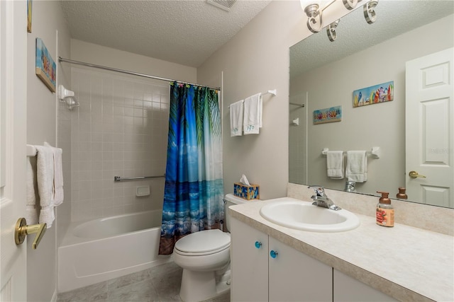 full bathroom with vanity, a textured ceiling, shower / bathtub combination with curtain, tile patterned flooring, and toilet