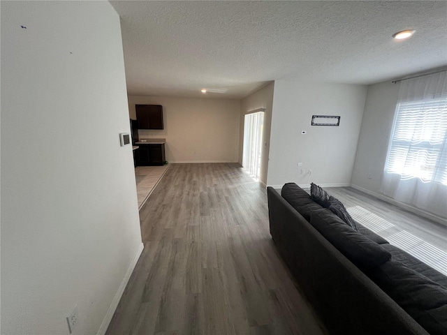 living room with wood-type flooring and a textured ceiling