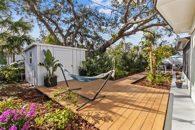 wooden deck featuring a storage unit