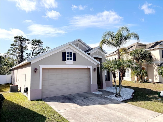 single story home with a front yard, a garage, and cooling unit