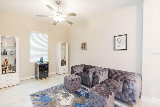 tiled living room with ceiling fan