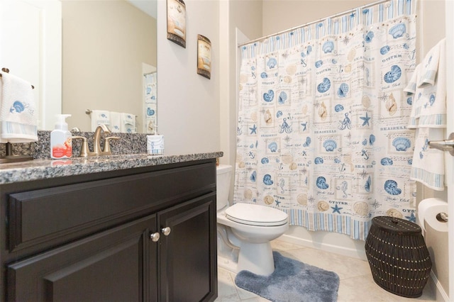 full bathroom featuring toilet, tile patterned floors, shower / bath combo, and vanity