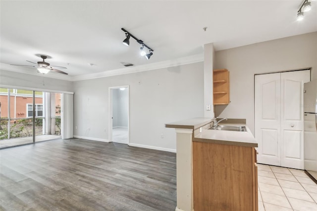 kitchen with ceiling fan, sink, kitchen peninsula, track lighting, and ornamental molding