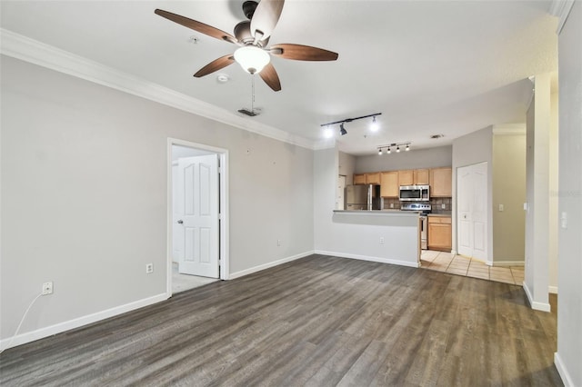 unfurnished living room featuring ceiling fan, ornamental molding, and dark wood-type flooring