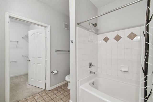 bathroom with toilet and shower / bathtub combination with curtain