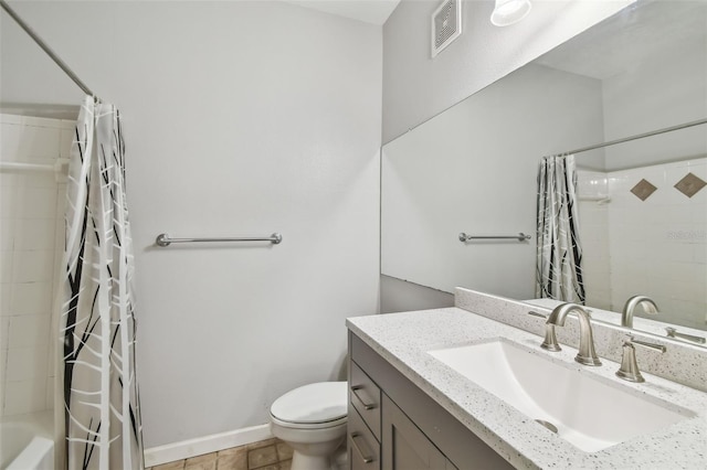 full bathroom with toilet, tile patterned floors, vanity, and shower / tub combo with curtain