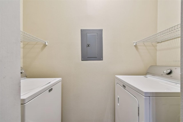 laundry area with electric panel and washer and dryer