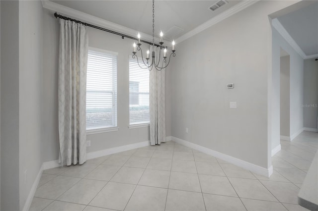 unfurnished dining area featuring a notable chandelier, light tile patterned flooring, plenty of natural light, and crown molding