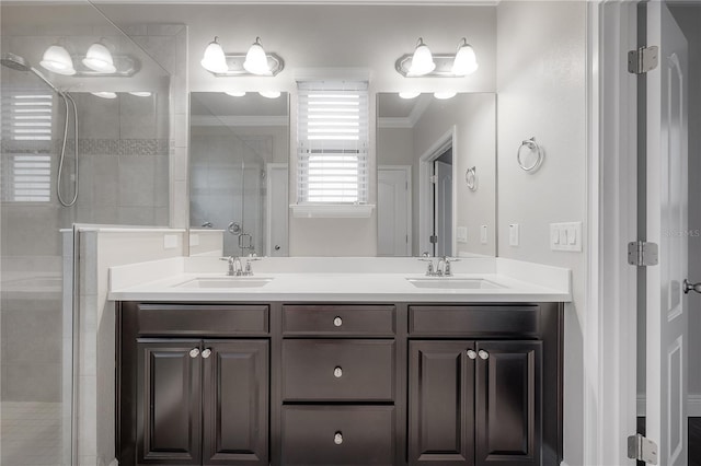 bathroom with ornamental molding, vanity, and a shower with shower door