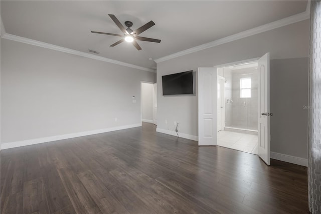 unfurnished living room featuring ceiling fan, crown molding, and dark wood-type flooring