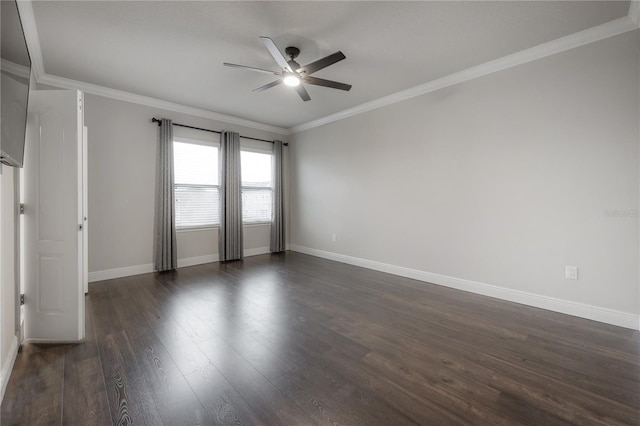 unfurnished room with dark wood-type flooring, ceiling fan, and crown molding