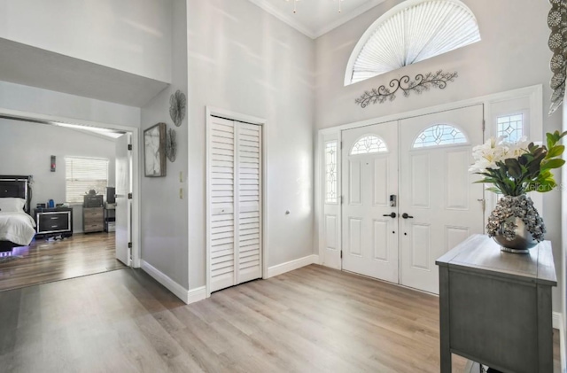 foyer featuring a towering ceiling and light hardwood / wood-style floors