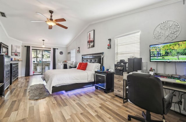 bedroom featuring ceiling fan, light wood-type flooring, lofted ceiling, and access to outside