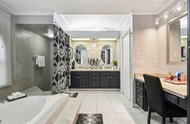 bathroom featuring tile patterned flooring, vanity, a relaxing tiled tub, and crown molding