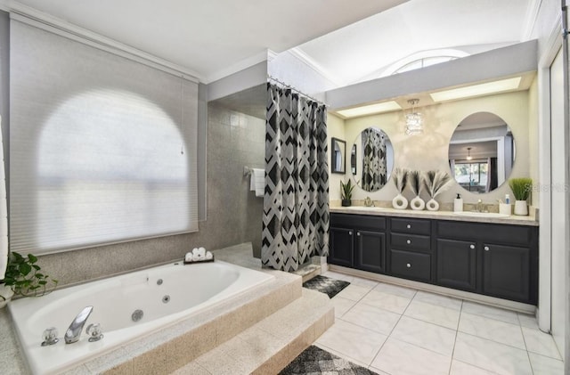 bathroom with vanity, tile patterned floors, crown molding, and tiled tub