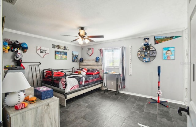 bedroom with ceiling fan, crown molding, and a textured ceiling