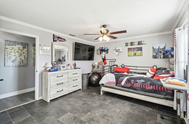 bedroom featuring ceiling fan and crown molding