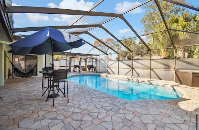 view of pool featuring a lanai and a patio