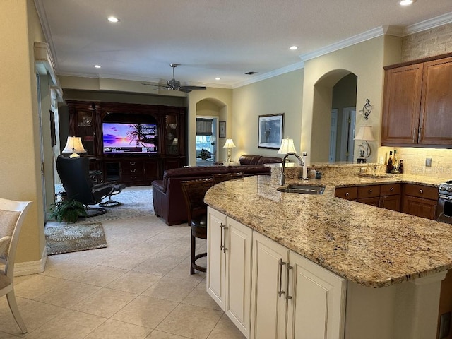 10626 Restoration Ter, Bradenton, FL 34212 - kitchen featuring a sink, arched walkways, light stone counters, recessed lighting, and crown molding