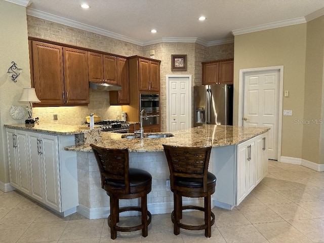 10626 Restoration Ter, Bradenton, FL 34212 - kitchen with appliances with stainless steel finishes, a sink, under cabinet range hood, a peninsula, and light stone counters