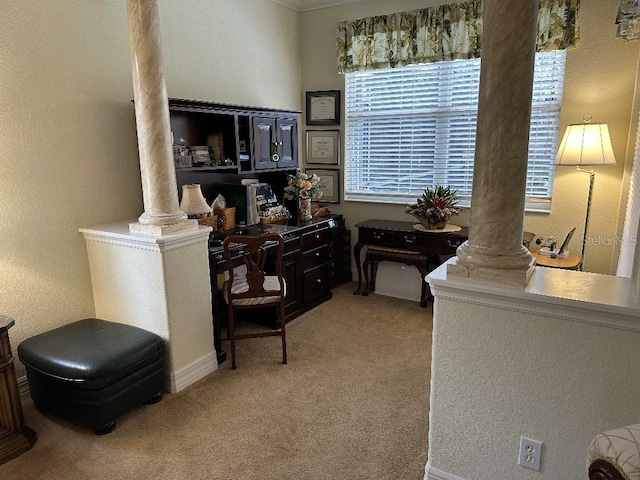 10626 Restoration Ter, Bradenton, FL 34212 - office area with decorative columns, carpet, a textured wall, and baseboards