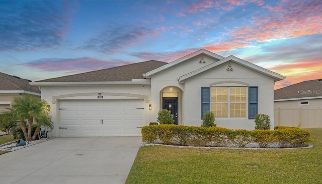 ranch-style home featuring a yard and a garage