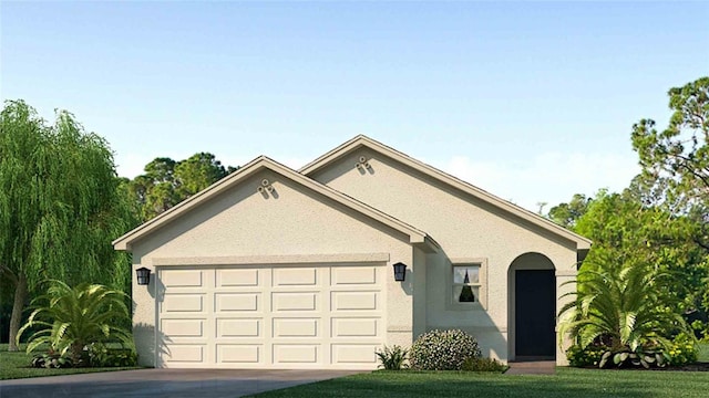 single story home with a front yard and a garage