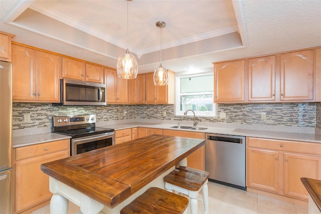 kitchen with tasteful backsplash, hanging light fixtures, sink, and stainless steel appliances