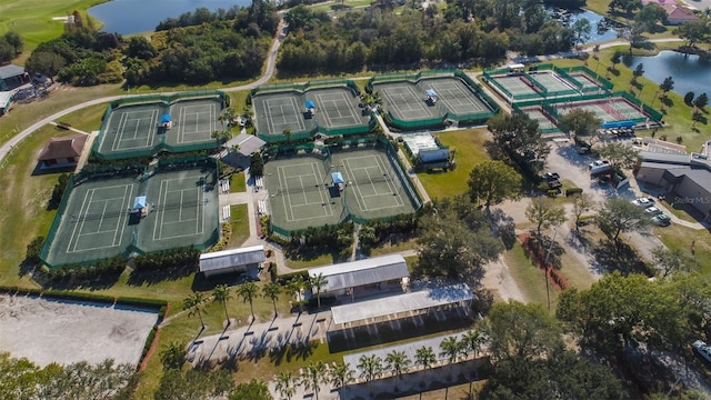 birds eye view of property featuring a water view