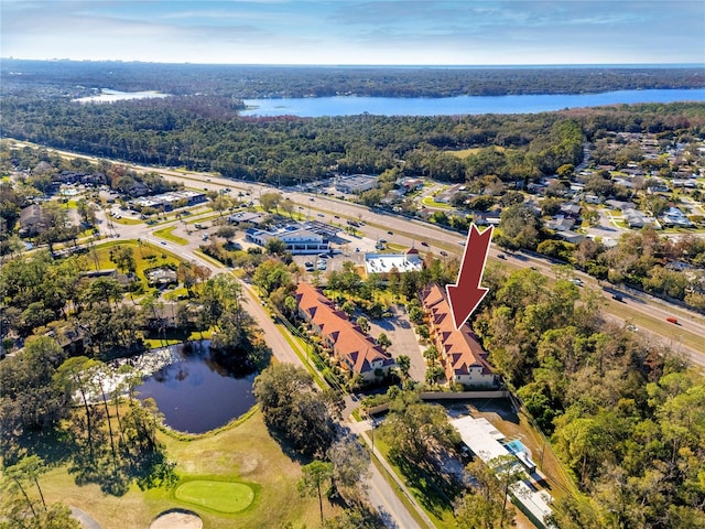 drone / aerial view featuring a water view