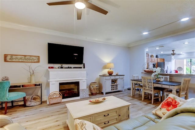 living room with ornamental molding and light hardwood / wood-style flooring