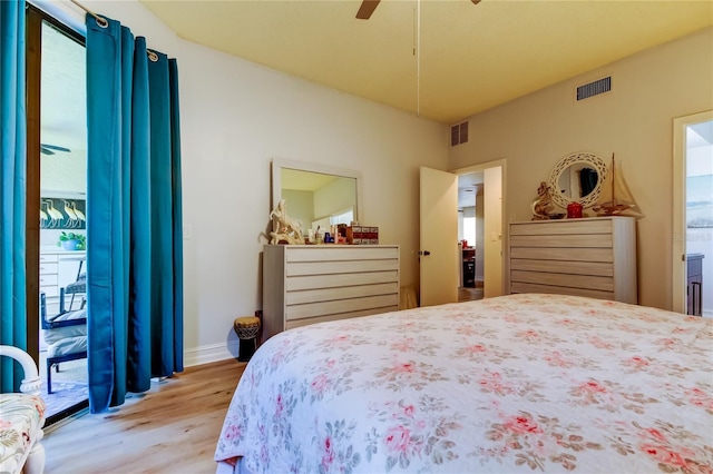 bedroom featuring access to outside, ceiling fan, ensuite bathroom, and light hardwood / wood-style floors